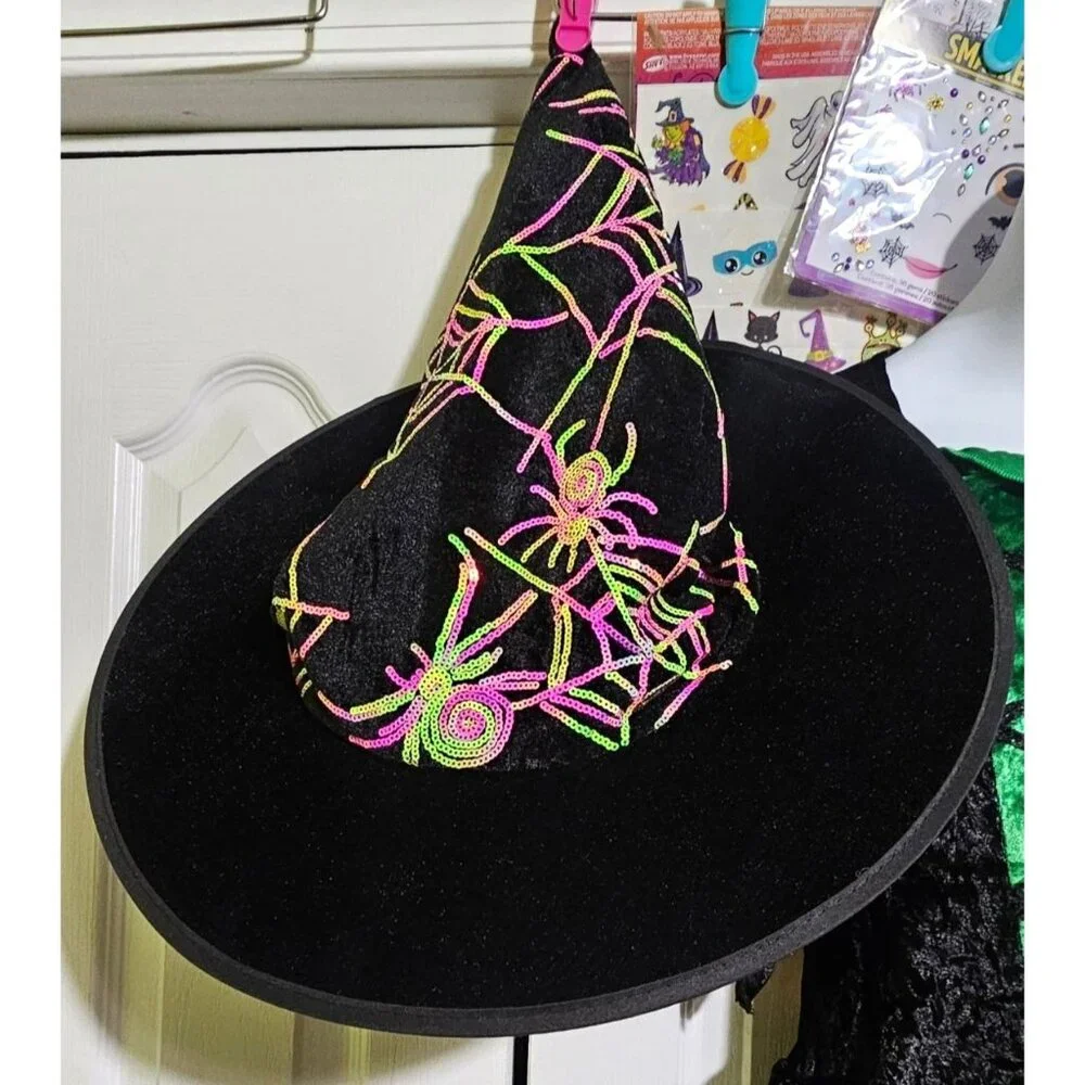 Pretty Witch Costume Girls 14-16 Teen Velvet Dress Spider Hat Halloween Tattoos